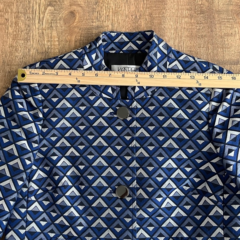 Kasper Womens Blue Geometric Triangle Jacquard Mandarin Collar Blazer Jacket 4 - Picture 6 of 10